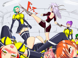 Rule 34 | 6+girls, all fours, ass, battle, beating, blue hair, blush, body pile, breasts, catfight, clothes lift, covered erect nipples, crotch, crying, defeat, dress, drooling, female focus, fighting, full body, green hair, hair ornament, hairband, high kick, highleg, highleg panties, holding, humiliation, indoors, kicking, legs, long hair, medium breasts, miniskirt, multiple girls, open mouth, orange hair, original, pain, panties, pantyshot, pink hair, purple eyes, purple hair, red eyes, red hair, rolling eyes, ryona, saliva, short dress, short hair, sin (pixiv17875500), skin tight, skirt, skirt around belly, skirt lift, sweat, tears, thighhighs, thighs, unconscious, underwear, uniform, upskirt, very long hair, white hair, white panties, yellow eyes