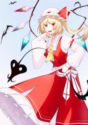 Rule 34 | 1girl, blonde hair, blue background, bow, collar, crystal, flandre scarlet, gradient background, hair between eyes, hand up, hat, hat bow, highres, ikasoba, laevatein, long sleeves, looking at viewer, mob cap, multicolored wings, nail polish, open mouth, polearm, ponytail, puffy sleeves, red bow, red eyes, red nails, red skirt, red vest, shirt, short hair, skirt, smile, solo, spear, touhou, vest, weapon, white background, white bow, white collar, white hat, white shirt, white sleeves, wings, yellow neckwear