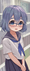 Rule 34 | 1girl, blue eyes, blue hair, blue neckerchief, blue skirt, blush, dot nose, embarrassed, glasses, hair between eyes, highres, indoors, looking at viewer, mimikaki (men bow), neckerchief, open mouth, original, own hands together, sailor collar, school uniform, shirt, short sleeves, skirt, solo, standing, tareme, thick eyebrows, white shirt