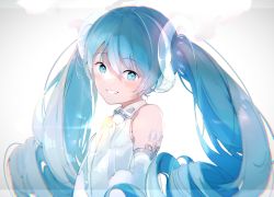 Rule 34 | 1girl, backlighting, bare shoulders, blue eyes, blue hair, commentary, detached sleeves, dress, grin, hair ornament, hatsune miku, hatsune miku expo, highres, lens flare, long hair, looking at viewer, necktie, oyamada gamata, shirt, shoulder tattoo, silver dress, silver neckwear, silver sleeves, sleeveless, sleeveless shirt, smile, solo, symbol-only commentary, tattoo, twintails, upper body, very long hair, vocaloid