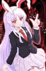 Rule 34 | 1girl, black jacket, crescent, crescent pin, formal, highres, jacket, long hair, looking at viewer, necktie, nyarocks, pink hair, pink nails, pink skirt, pointing, red background, red eyes, red necktie, reisen udongein inaba, shirt, skirt, solo, suit jacket, thighs, touhou, very long hair, white shirt