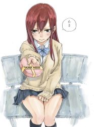 Rule 34 | 1girl, bench, black socks, blush, bow, box, breasts, brown eyes, contemporary, erza scarlet, fairy tail, gift, gift box, heart, incoming gift, kneehighs, large breasts, long hair, long sleeves, mashima hiro, pleated skirt, red hair, religious offering, school uniform, sitting, skirt, sleeves past wrists, socks, solo, speech bubble, sweater, valentine