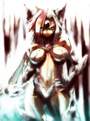 Rule 34 | 1girl, aliasing, angry, animal ears, breasts, breasts apart, female focus, ghost sweeper mikami, hand on own hip, inuzuka shiro, large breasts, leotard, looking at viewer, multicolored hair, navel, no bra, solo