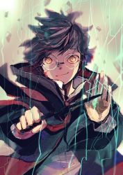 Rule 34 | 1boy, absurdres, black hair, blood, blood on face, coat, cuts, debris, glasses, gryffindor, harry potter (series), highres, hogwarts school uniform, holding, holding wand, huge filesize, injury, james potter, long sleeves, looking at viewer, magic, male focus, maru (hardrock5150), orange eyes, outstretched arms, round eyewear, school uniform, smile, smirk, solo, swept bangs, upper body, wand, wizarding world