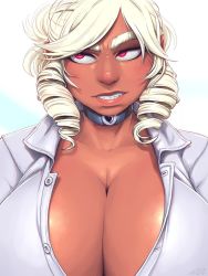 Rule 34 | 1girl, angry, aries (dansome0203), blonde hair, breasts, choker, cleavage, clenched teeth, dark-skinned female, dark skin, huge breasts, lips, looking away, nose, original, partially unbuttoned, pink eyes, ringlets, sidelocks, solo, sugarbugtrash, teeth, unbuttoned, upper body, white background