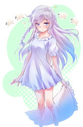 Rule 34 | 1girl, :/, absurdres, blue eyes, blush, breasts, collarbone, counting sheep, cropped legs, dress, frills, hair down, highres, holding, holding pillow, iesupa, long hair, official alternate costume, parted lips, pillow, rwby, scar, scar across eye, sheep, short dress, short sleeves, single hair, sleepwear, sleepy, small breasts, solo, weiss schnee, white dress, white hair