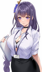 Rule 34 | 1girl, black skirt, blouse, braid, breasts, cleavage, closed mouth, collarbone, collared shirt, contemporary, dress shirt, genshin impact, hair ornament, harimoji, highres, large breasts, long hair, looking at viewer, low-braided long hair, low-tied long hair, mole, mole under eye, office lady, pencil skirt, purple eyes, purple hair, raiden shogun, shirt, simple background, skirt, solo, very long hair, white background, white shirt