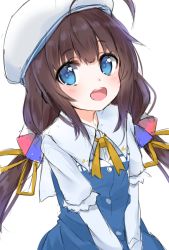 Rule 34 | 10s, 1girl, :d, ahoge, beret, blue dress, blue eyes, blush, brown hair, dress, hashiko nowoto, hat, highres, hinatsuru ai, layered sleeves, long hair, long sleeves, looking at viewer, low twintails, open mouth, ryuuou no oshigoto!, school uniform, short over long sleeves, short sleeves, sidelocks, simple background, sketch, smile, solo, teeth, twintails, upper teeth only, very long hair, white background, white hat