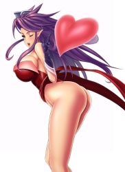 Rule 34 | 1girl, angela (seiken densetsu 3), ass, bent over, breasts, bursting breasts, green eyes, hat, heart, highres, huge breasts, leaning forward, legs, leotard, long hair, long legs, looking at viewer, mo-frederick, open mouth, pointy ears, purple hair, seiken densetsu, seiken densetsu 3, solo, thighs, thong leotard, wink