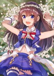 Rule 34 | 1girl, absurdres, blue eyes, blue skirt, blue thighhighs, blush, brown hair, cropped vest, haru yu, head wreath, highres, hololive, long hair, looking at viewer, lying, navel, on back, purple eyes, skirt, smile, solo, teeth, thighhighs, tokino sora, tokino sora (1st costume), upper teeth only, vest, virtual youtuber, white wrist cuffs, wrist cuffs