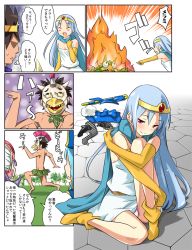 Rule 34 | 1boy, aqua hair, blue hair, blush, breasts, cape, circlet, cleavage, closed mouth, comic, commentary request, dragon quest, dragon quest iii, dress, elbow gloves, gloves, helmet, imaichi, long hair, looking at viewer, multiple girls, open mouth, panties, priest (dq3), red eyes, roto (dq3), sage (dq3), smile, soldier (dq3), underwear, winged helmet, yellow gloves