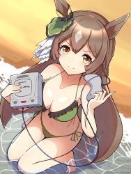 Rule 34 | 1girl, alternate costume, animal ears, blush, breasts, brown hair, cleavage, collarbone, commentary request, controller, game console, game controller, hair ornament, highres, horse ears, horse girl, houton tamago, long hair, looking at viewer, medium breasts, navel, ocean, satono diamond (umamusume), sega, seiza, sitting, smile, solo, swimsuit, umamusume, yellow eyes