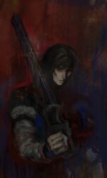 Rule 34 | 1boy, armor, blood, blood on face, bloody weapon, brown hair, caim (drag-on dragoon), clenched hand, closed mouth, commentary, drag-on dragoon, drag-on dragoon 1, english commentary, hand up, highres, holding, holding sword, holding weapon, long sleeves, male focus, painterly, red background, short hair, skrill dgk, sword, weapon