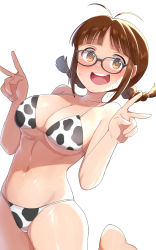 Rule 34 | 1girl, @ @, akizuki ritsuko, animal print, antenna hair, bikini, black-framed eyewear, braid, breasts, brown hair, commentary request, cow print, double v, glasses, highres, idolmaster, idolmaster (classic), konboi-eg, large breasts, looking at viewer, multiple girls, navel, open mouth, short hair, simple background, solo, standing, standing on one leg, swimsuit, twin braids, v, white background, white bikini