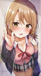 Rule 34 | 1girl, absurdres, bag, black jacket, blazer, blush, breasts, brown hair, cardigan, cleavage, collarbone, commentary request, cowboy shot, flying sweatdrops, from above, hand on own chest, hand up, highres, isshiki iroha, jacket, large breasts, long hair, long sleeves, looking at viewer, looking up, miniskirt, neck ribbon, open clothes, open jacket, open mouth, pink cardigan, plaid, plaid skirt, pleated skirt, red ribbon, ribbon, rouka (akatyann), school bag, skirt, solo, swept bangs, yahari ore no seishun lovecome wa machigatteiru., yellow eyes