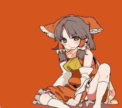Rule 34 | 1girl, :3, ascot, benikurage (cookie), blush stickers, bow, brown eyes, brown hair, closed mouth, commentary request, cookie (touhou), detached sleeves, feet out of frame, frilled bow, frilled hair tubes, frilled skirt, frills, hair bow, hair tubes, hakurei reimu, looking at viewer, medium bangs, medium hair, orange scarf, red background, red bow, red shirt, red skirt, sa=tou, scarf, shirt, sidelocks, simple background, sitting, skirt, skirt set, sleeveless, sleeveless shirt, smile, socks, solo, striped clothes, striped scarf, touhou, white sleeves, white socks, yellow ascot