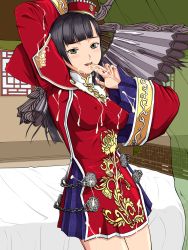 Rule 34 | 1girl, bare legs, bed, black hair, blush, breasts, cum, cum on body, cum on clothes, cum on upper body, da qiao, covered erect nipples, facial, hand fan, female focus, finger to mouth, green eyes, hat, highres, knopf koubou, long hair, shin sangoku musou, solo, standing