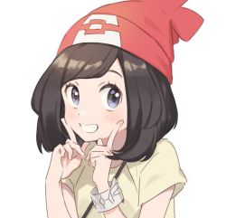 Rule 34 | 1girl, beanie, blush, commentary request, creatures (company), facing viewer, finger to cheek, game freak, grey eyes, hat, looking at viewer, nintendo, open mouth, pokemon, pokemon sm, portrait, selene (pokemon), shirt, short hair, simple background, smile, solo, solo focus, strap, teeth, unapoppo, white background, z-ring