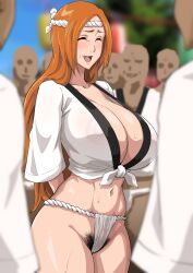 Rule 34 | 1girl, 6+boys, alternate costume, arms behind back, bleach, blurry, blurry background, blush, breasts, cleavage, closed eyes, commentary, covered erect nipples, cowboy shot, faceless, faceless male, female pubic hair, forced smile, fundoshi, furrowed brow, hachimaki, headband, highres, huge breasts, inoue orihime, iwao178, japanese clothes, long hair, mismatched pubic hair, mizu happi, multiple boys, navel, nejiri hachimaki, open mouth, orange hair, parted bangs, pubic hair, revealing clothes, see-through, shirt, solo focus, standing, straight hair, sweatdrop, tied shirt