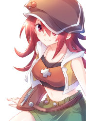 Rule 34 | 1girl, absurdres, blush, cabbie hat, closed mouth, crop top, eyebrows, fanny pack, female focus, green skirt, hat, hat over one eye, highres, jewelry, looking at viewer, matching hair/eyes, midriff, miniskirt, misaki shiki, necklace, red eyes, red hair, red shirt, shiny skin, shirt, simple background, sitting, skirt, smile, solo, subarashiki kono sekai
