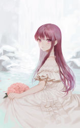 Rule 34 | 1girl, absurdres, bouquet, closed mouth, crying, crying with eyes open, dress, flower, from side, highres, long hair, looking at viewer, looking to the side, original, oyabuli, pink flower, pink rose, red eyes, red hair, rock, rose, short sleeves, sitting, solo, tears, water, waterfall, white dress