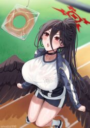 Rule 34 | 1girl, arms at sides, black choker, black hair, black wings, blue archive, blue jacket, breasts, choker, commentary, doughnut, feathered wings, food, from above, full body, grass, gym uniform, hair between eyes, halo, hasumi (blue archive), hasumi (track) (blue archive), high ponytail, highres, huge breasts, jacket, knees together feet apart, long hair, long sleeves, looking at object, looking up, low wings, mole, mole under eye, official alternate costume, open mouth, outdoors, partially unzipped, red eyes, shirt, short shorts, shorts, sidelocks, smodzz998, socks, solo, standing, sweat, teeth, text print, thighs, track and field, track jacket, upper teeth only, v-shaped eyebrows, very long hair, wet, wet clothes, wet shirt, white shirt, white socks, wings