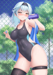 Rule 34 | 1girl, alternate costume, bare shoulders, black hairband, black one-piece swimsuit, black thighhighs, blue hair, blue shirt, blue sky, blurry, blurry background, blush, breasts, chain-link fence, cleavage, cloud, collarbone, commentary request, competition swimsuit, covered navel, cowboy shot, day, eula (genshin impact), fence, genshin impact, hairband, hand up, highres, holding, large breasts, looking at viewer, medium hair, off shoulder, one-piece swimsuit, open clothes, open shirt, orange eyes, partial commentary, shirt, shorts, single thighhigh, skindentation, sky, smile, solo, standing, swimsuit, tatsumiya kagari, thigh strap, thighhighs, thighs, tree