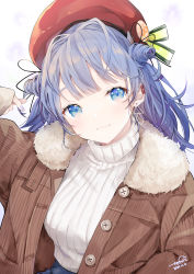 Rule 34 | 1girl, beret, blue eyes, blue hair, blue nails, blush, brown jacket, closed mouth, colored eyelashes, commentary request, dated, eyebrows hidden by hair, fur-trimmed jacket, fur trim, hand up, hat, head tilt, highres, jacket, long hair, long sleeves, looking at viewer, nail polish, open clothes, open jacket, original, red hat, ribbed sweater, sakippo (sakippo0), signature, sleeves past wrists, smile, solo, sweater, turtleneck, turtleneck sweater, upper body, white background, white sweater