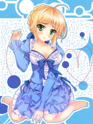 Rule 34 | 1girl, ahoge, alternate costume, artoria pendragon (all), artoria pendragon (fate), blonde hair, breasts, dress, fate/stay night, fate (series), feijitian, frilled dress, frills, green eyes, heart, heart of string, large breasts, saber (fate), solo, string, string of fate