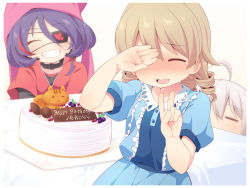Rule 34 | 3girls, :d, ^ ^, ahoge, bad id, bad pixiv id, birthday, birthday cake, black collar, blouse, blue shirt, blue skirt, blush, cake, character name, choker, closed eyes, collar, collared shirt, commentary request, covering one eye, dot nose, eyepatch, facing viewer, food, grin, hair between eyes, hands up, happy birthday, hayasaka mirei, heart, hood, hood up, hoshi syoko, idolmaster, idolmaster cinderella girls, individuals, jacket, light brown hair, long hair, medium hair, morikubo nono, multicolored hair, multiple girls, nose blush, open mouth, pink jacket, puffy sleeves, purple hair, red hair, ringlets, shirt, skirt, skirt set, smile, squirrel, streaked hair, table, tearing up, tray, uccow, v, w, wavy mouth, white background
