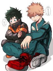 Rule 34 | 2boys, absurdres, bad id, bad twitter id, bakugou katsuki, bakugou katsuki (cosplay), blonde hair, bodysuit, boku no hero academia, cosplay, costume switch, crossed arms, freckles, green bodysuit, green eyes, green hair, highres, kai2 ly, long sleeves, looking at another, looking to the side, male focus, midoriya izuku, midoriya izuku (cosplay), multiple boys, open mouth, red eyes, red footwear, shoes, short hair, simple background, sitting, speech bubble, spiked hair, translation request, white background