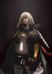 Rule 34 | 1girl, absurdres, alcohol, artist name, black cloak, black skirt, blonde hair, blood, blood on clothes, blood on face, bottle, braid, breasts, cloak, closed mouth, dated, eyepatch, feet out of frame, girls&#039; frontline, hair between eyes, highres, holding, holding bottle, jack daniel&#039;s, long hair, looking away, m16a1 (boss) (girls&#039; frontline), m16a1 (girls&#039; frontline), multicolored hair, navel, regenerate-x, shirt, simple background, skirt, solo, standing, torn clothes, torn shirt, whiskey, yellow eyes, yellow shirt