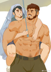 Rule 34 | 2boys, abs, arm around shoulder, bara, beard, blush stickers, brown hair, carrying, clothed male nude male, couple, dark-skinned male, dark skin, facial hair, feet, feet out of frame, full body, goatee, green pants, grin, happy, highres, holding, holding umbrella, interracial, large pectorals, long sideburns, male focus, multiple boys, muscular, muscular male, mustache, navel hair, nipples, nude, original, pants, pectorals, piggyback, raincoat, rouyuan shiqi (ro seventeen), shared umbrella, short hair, shorts, sideburns, size difference, smile, soles, stomach, thick eyebrows, topless male, umbrella, yaoi