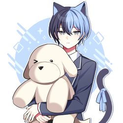 Rule 34 | 1boy, animal ears, aoyagi touya, blue hair, blue jacket, cat boy, cat ears, cat tail, commentary request, expressionless, grey eyes, holding, holding stuffed toy, jacket, kamiyama high school uniform (project sekai), long sleeves, looking at viewer, male focus, mole, mole under eye, multicolored hair, project sekai, school uniform, solo, sparkle, split-color hair, stuffed animal, stuffed dog, stuffed toy, tail, two-tone background, upper body, waka (wk4444)