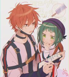 Rule 34 | 1boy, 1girl, child, clipboard, facing to the side, green eyes, green hair, grey background, grey eyes, highres, holding, holding clipboard, holding pen, kajiyama fuuta, kao ru05, looking at another, milgram, momose amane, pen, red hair, short hair, signature, speech bubble, straitjacket, translation request