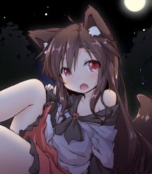 Rule 34 | :o, animal ear fluff, animal ears, brown hair, dress, fang, frilled dress, frills, full moon, imaizumi kagerou, long hair, long sleeves, looking at viewer, moon, natsu no koucha, night, off shoulder, sketch, sky, solo, star (sky), starry sky, tail, touhou, wolf ears, wolf tail