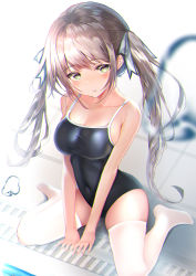 Rule 34 | 1girl, breasts, cleavage, competition school swimsuit, covered navel, green eyes, grey hair, highres, light blush, medium breasts, one-piece swimsuit, original, poolside, resolution mismatch, school swimsuit, sitting, source larger, swimsuit, twintails, wariza, yk (pixiv43531291)