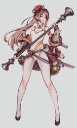 Rule 34 | 1girl, armor, bare legs, bare shoulders, baton, black footwear, blue eyes, breasts, brown hair, cleavage cutout, clothing cutout, flower, full body, gourd, grey background, hair flower, hair ornament, hairclip, highres, holding, legs apart, long hair, looking at viewer, medium breasts, neck ribbon, original, parted lips, pink lips, pointy ears, red ribbon, ribbon, scroll, shoes, simple background, softmode, solo, standing, swimsuit, sword, vambraces, weapon