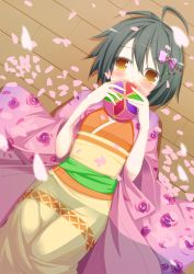 Rule 34 | 10s, 1girl, ahoge, ball, black hair, blush, bow, brown eyes, cherry blossoms, covering own mouth, floral print, from above, hair bow, hair ornament, idolmaster, idolmaster cinderella girls, japanese clothes, kohinata miho, lying, on back, petals, short hair, solo, tachibana (pixiv), tachibana (tach011194)