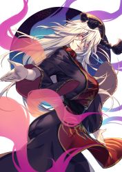 Rule 34 | 1girl, black dress, blonde hair, chinese clothes, commentary request, cowboy shot, crescent, dress, energy, fox tail, from side, glowing, half-closed eyes, highres, junko (touhou), long hair, long sleeves, looking at viewer, looking to the side, multiple tails, parted lips, red eyes, sash, smile, solo, tabard, tail, touhou, u u zan, very long hair, wide sleeves