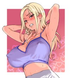 Rule 34 | 1girl, armpits, arms behind head, arms up, bare shoulders, blonde hair, breasts, cleavage, covered erect nipples, earrings, embarrassed, heart, highres, jewelry, long hair, looking at viewer, miruka, original, pants, red eyes, shaved armpits, shiwasu no okina, solo, sports bra, sweat, tagme, yoga pants