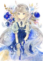 Rule 34 | 1girl, ahoge, aoyagi874, artist name, black ribbon, blonde hair, blue dress, blue eyes, blue flower, blue ribbon, braid, braided bangs, branch, bug, butterfly, commentary request, dress, flower, flower request, gloves, grabbing own arm, grey ribbon, hair flower, hair ornament, hairclip, highres, insect, long hair, looking at viewer, neck ribbon, original, painting (medium), parted lips, pinafore dress, puffy short sleeves, puffy sleeves, ribbon, shirt, short sleeves, sleeve ribbon, sleeveless, sleeveless dress, solo, straight-on, traditional media, very long hair, watercolor (medium), white background, white butterfly, white flower, white gloves, white shirt