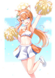 1girl absurdres alternate_costume animal_ear_fluff animal_ears arm_up armpits bare_shoulders blue_archive blue_eyes blurry blurry_background blush breasts cat_ears cheerleader commentary_request confetti floating_hair flower foot_out_of_frame foot_up hair_between_eyes hair_flower hair_ornament hairband halo hand_up highres holding holding_pom_poms leaf_hair_ornament long_hair looking_at_viewer low_ponytail mari_(blue_archive) millennium_cheerleader_outfit_(blue_archive) miniskirt navel open_mouth orange_hair pleated_skirt pom_pom_(cheerleading) pom_poms sidelocks simple_background skirt small_breasts solo sports_bra standing standing_on_one_leg sweatdrop very_long_hair white_flower white_hairband white_skirt yasutarou yellow_halo