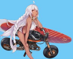 Rule 34 | 1girl, absurdres, ahoge, ass, bare legs, bare shoulders, bikini, bracelet, braid, breasts, candy, commentary request, dark-skinned female, dark skin, fate/grand order, fate (series), food, full body, hand on own cheek, hand on own face, highres, jewelry, lakshmibai (fate), lollipop, long hair, looking at viewer, medium breasts, motor vehicle, motorcycle, ohland, on motorcycle, red eyes, simple background, solo, surfboard, swimsuit, white hair, wristband