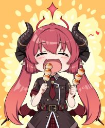 Rule 34 | 1girl, ahoge, belt, blue archive, blush, dango, demon girl, eating, closed eyes, fang, food, hair between eyes, halo, horns, junko (blue archive), long hair, military, military uniform, necktie, open mouth, pointy ears, red hair, simple background, solo, twintails, uniform, very long hair, wagashi, wings