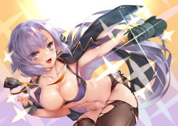 Rule 34 | 1girl, bent over, black pantyhose, blush, breasts, cleavage, collarbone, fang, highres, large breasts, leaning forward, looking at viewer, mkiiiiii, navel, open mouth, pantyhose, purple eyes, purple hair, short hair, smile, solo, torn clothes, torn pantyhose, zhanchang shuang mawei