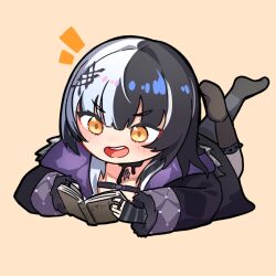 Rule 34 | 1girl, asymmetrical legwear, black coat, black nails, black thighhighs, book, chest strap, chibi, coat, fur-trimmed coat, fur trim, hair ornament, highres, holding, holding book, hololive, hololive english, jewelry, lying, multicolored hair, multiple rings, on stomach, open mouth, reading, ring, shiori novella, shiori novella (1st costume), solo, streaked hair, striped clothes, striped thighhighs, taiyo sketches, thighhighs, two-tone hair, uneven legwear, virtual youtuber, yellow background, yellow eyes