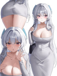 Rule 34 | 1girl, ass, blue archive, blush, breasts, cleavage, closed mouth, dongtan dress, dress, grey hair, highres, large breasts, long hair, long sleeves, looking at viewer, meme attire, multiple views, no halo, noa (blue archive), open mouth, purple eyes, simple background, thighs, white background, white dress, yam s2
