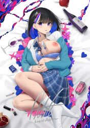 Rule 34 | 1girl, black hair, blue bra, blue eyes, blue hair, bottle, bow, bowtie, bra, breasts, can, cardigan, cigarette, cosmetics, cup, diagonal-striped bow, diagonal-striped bowtie, diagonal-striped clothes, drinking glass, earrings, food, fruit, highres, jewelry, knife, large breasts, lipstick tube, looking at viewer, lying, neck ribbon, nipples, noeru, off shoulder, on back, one breast out, original, parted lips, pleated skirt, pomegranate, ribbon, school uniform, skirt, socks, solo, stab, striped clothes, underwear, white socks, wine glass