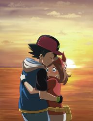 Rule 34 | 1boy, 1girl, ash ketchum, bandana, baseball cap, black gloves, black hair, blue eyes, blush, brown hair, closed eyes, closed mouth, cloud, commentary, commission, creatures (company), fanny pack, game freak, gloves, hat, highres, hood, hood down, hug, jacket, may (pokemon), nintendo, outdoors, pants, pixiv commission, pokemon, pokemon (anime), pokemon rse (anime), red bandana, red shirt, shirt, short hair, short sleeves, skirt, sky, smile, spiked hair, suitenan, sun, sunset, tearing up, twilight, white skirt, yellow bag